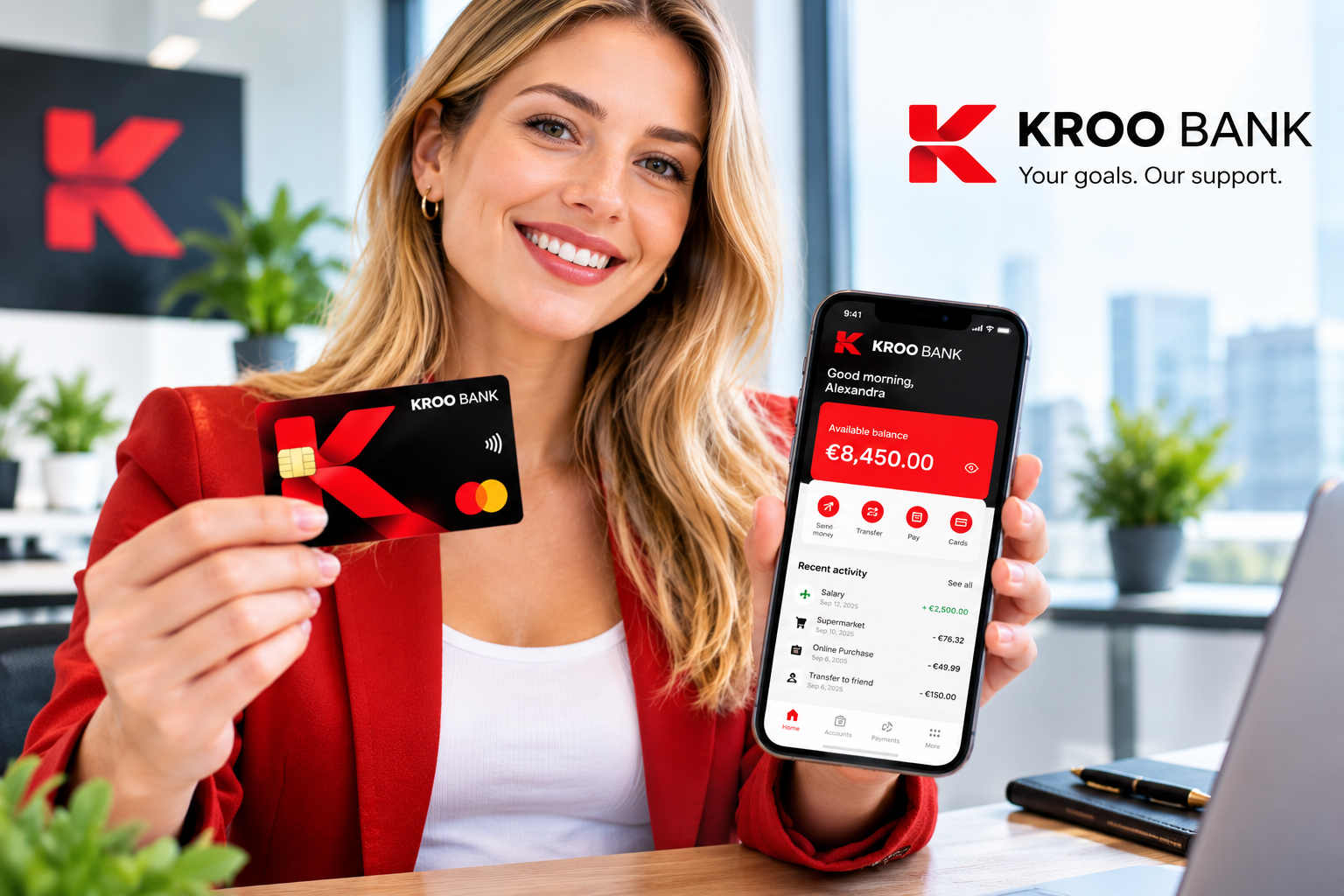 Cliente présentant sa carte et son application KROO BANK